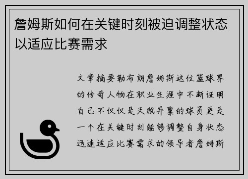 詹姆斯如何在关键时刻被迫调整状态以适应比赛需求